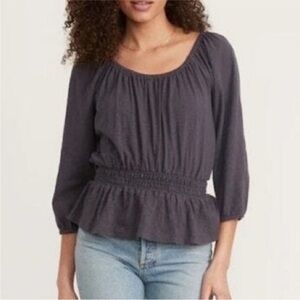 Marine Layer Christiana Top Blouse Smocked Peplum Long Sleeve Peasant Grey Lg